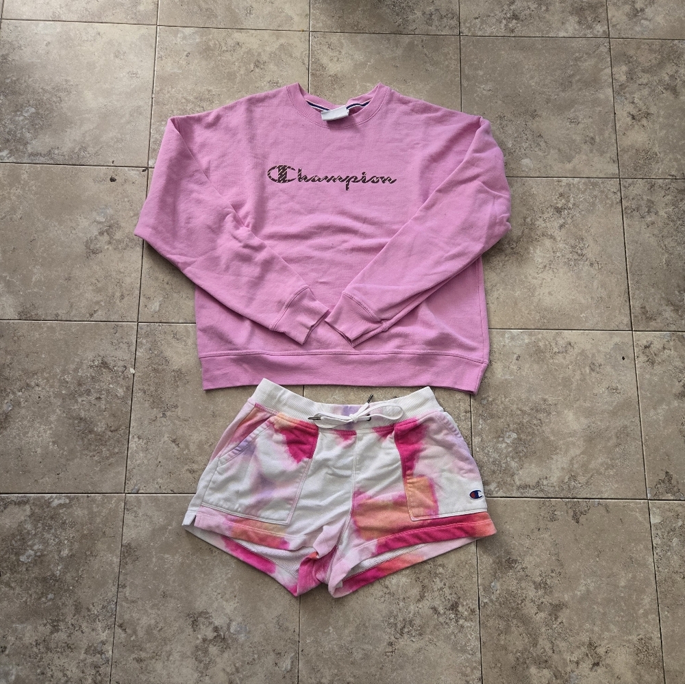 Champion Pink Sweatshirt and Tie-Dye Shorts Set Size Small-medium